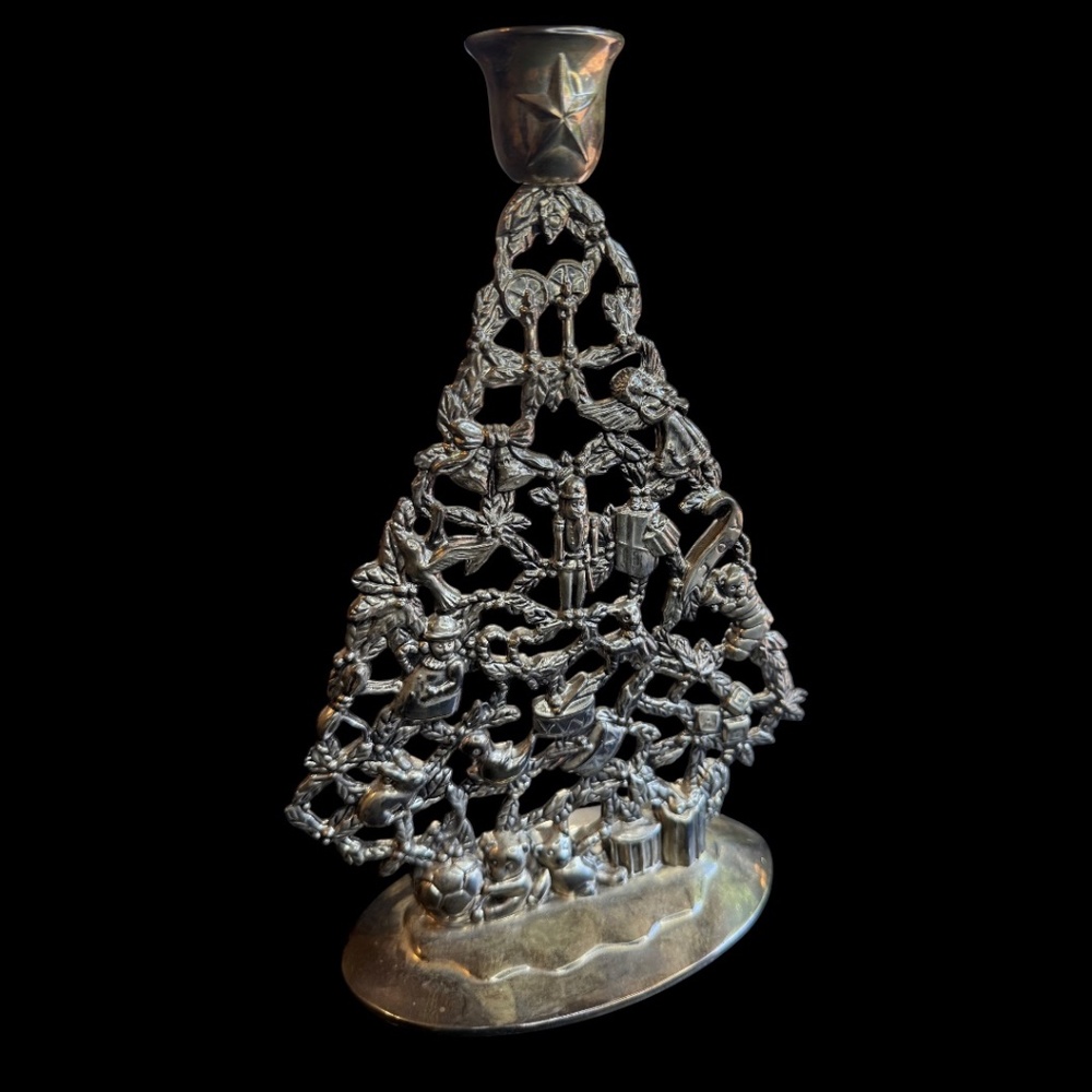 Vintage Christmas Tree Godinger Silver Art Candle Holder Holiday Table Decor 10"